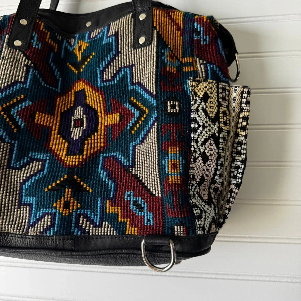 Maria's Artisan Shop Boho Tribal Woven Leather Tote‎ Bag Fringe Backpack - Picture 3 of 14